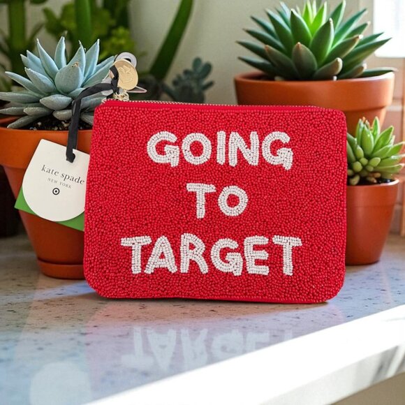 Kate Spade New York GOING TO TARGET Beaded Clutch Red White Cotton Pockets NWT - Picture 1 of 12